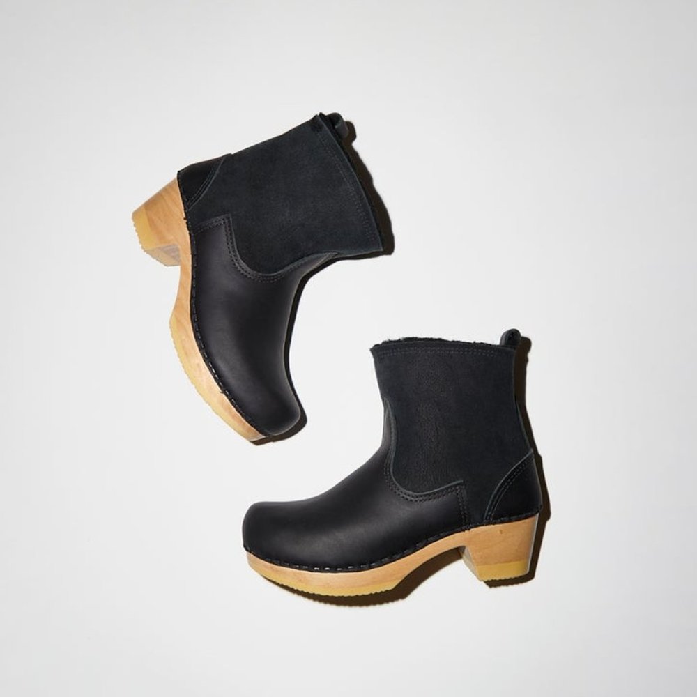 No.6 5" Pull on Shearling Clog Boot on Mid Heel in Black Suede
